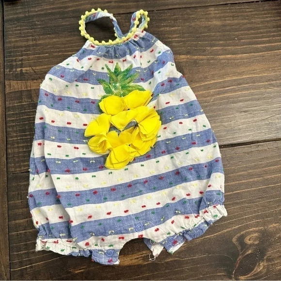 Mud Pie Boutique Pineapple Striped Romper with Sequins Size 3-6M GUC - Picture 2 of 7